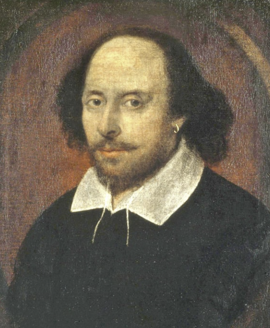 Painting of William Shakespeare with curly hair, a mustache, and a goatee, wearing a dark doublet with a white collar.