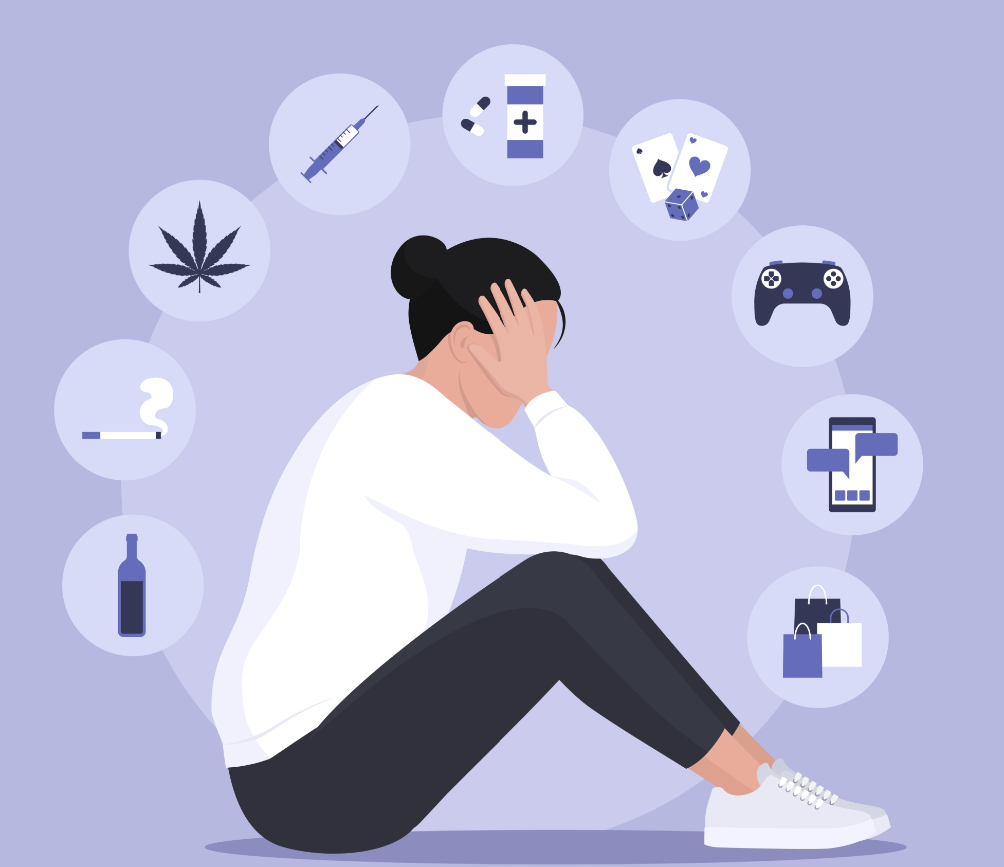 Illustration of a person overwhelmed with their head in their hand, surrounded by icons representing common addiction and mental health challenges including drug use, smoking, gambling, alcohol, and gaming — treated by Wayne Brown, LCSW, CAP, CHt in
