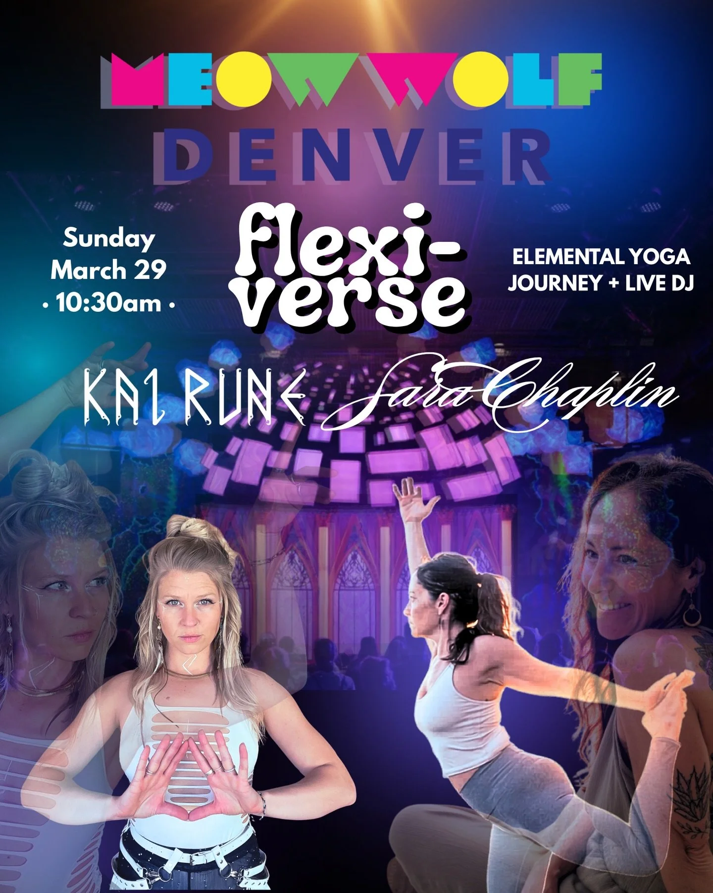 💫This is going to be EPIC! Join us this Sunday at @meowwolfdenver! Come flow with us as Sara @chaplin327 @assemble_the_experience leads us through a nourishing yoga practice embodied in the elementals while I DJ and weave our sonic experience lacing