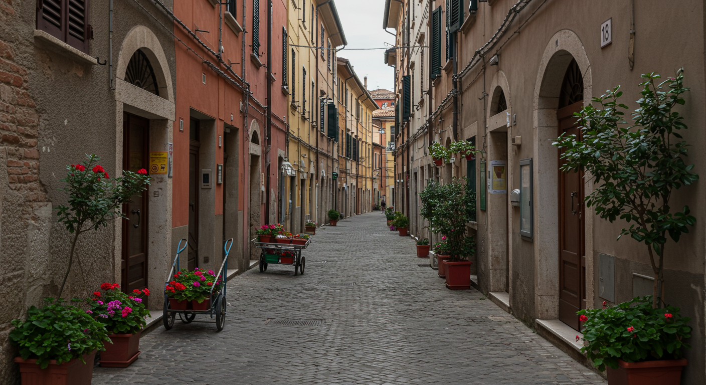 A narrow cobblestone street in an old European town, lined with colorful buildings, potted plants, and flower carts.