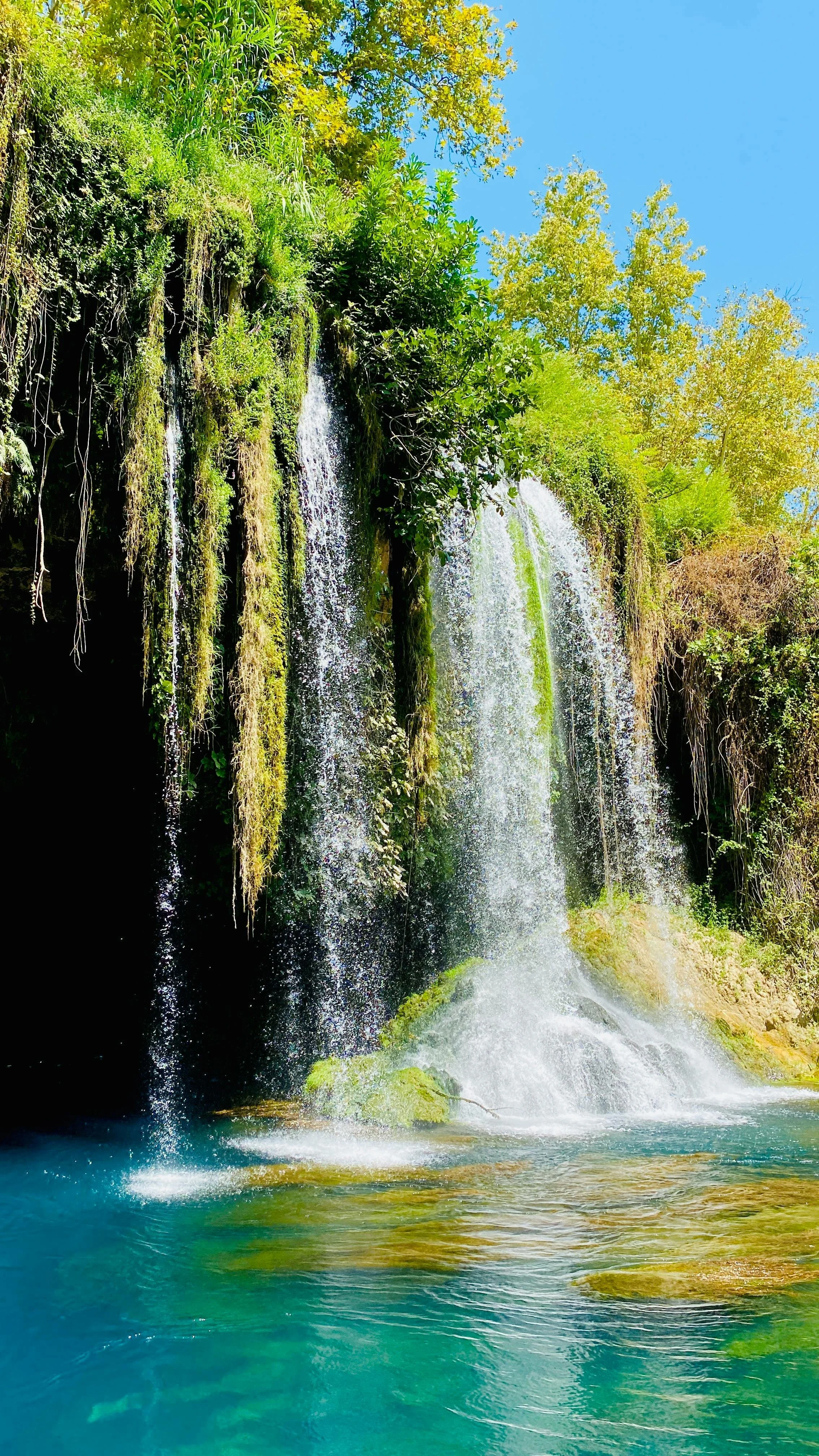 A scenic view of a waterfall cascading over rocks into a turquoise pool, surrounded by lush green foliage and trees with a clear blue sky overhead.