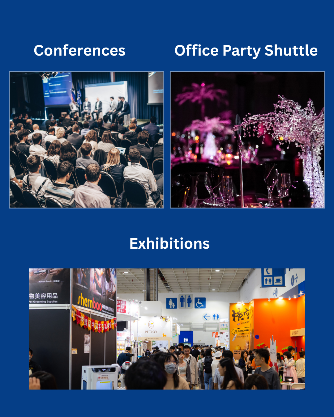 A collage of three images: the first showing a conference with an audience and speakers on stage, the second displaying a decorated dinner table at a party with flowers and wine, and the third illustrating a busy exhibition hall with many booths and visitors.