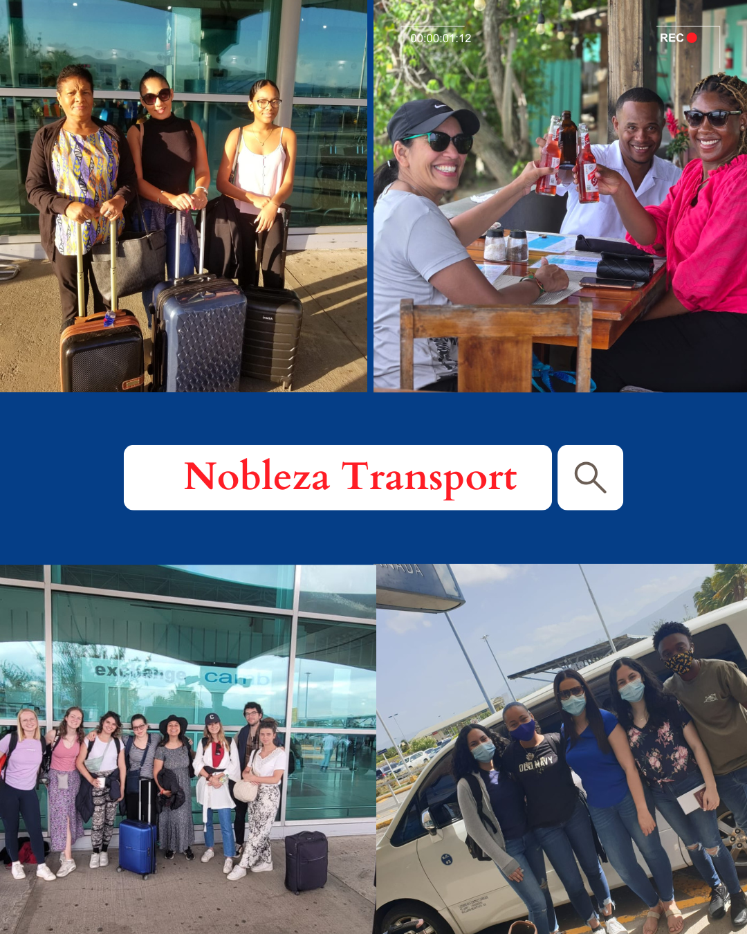 Collage of four photos showing groups of travelers with luggage at an airport, enjoying drinks at an outdoor restaurant, and posing in front of an airport terminal and vehicle, with a text overlay "Nobleza Transport."