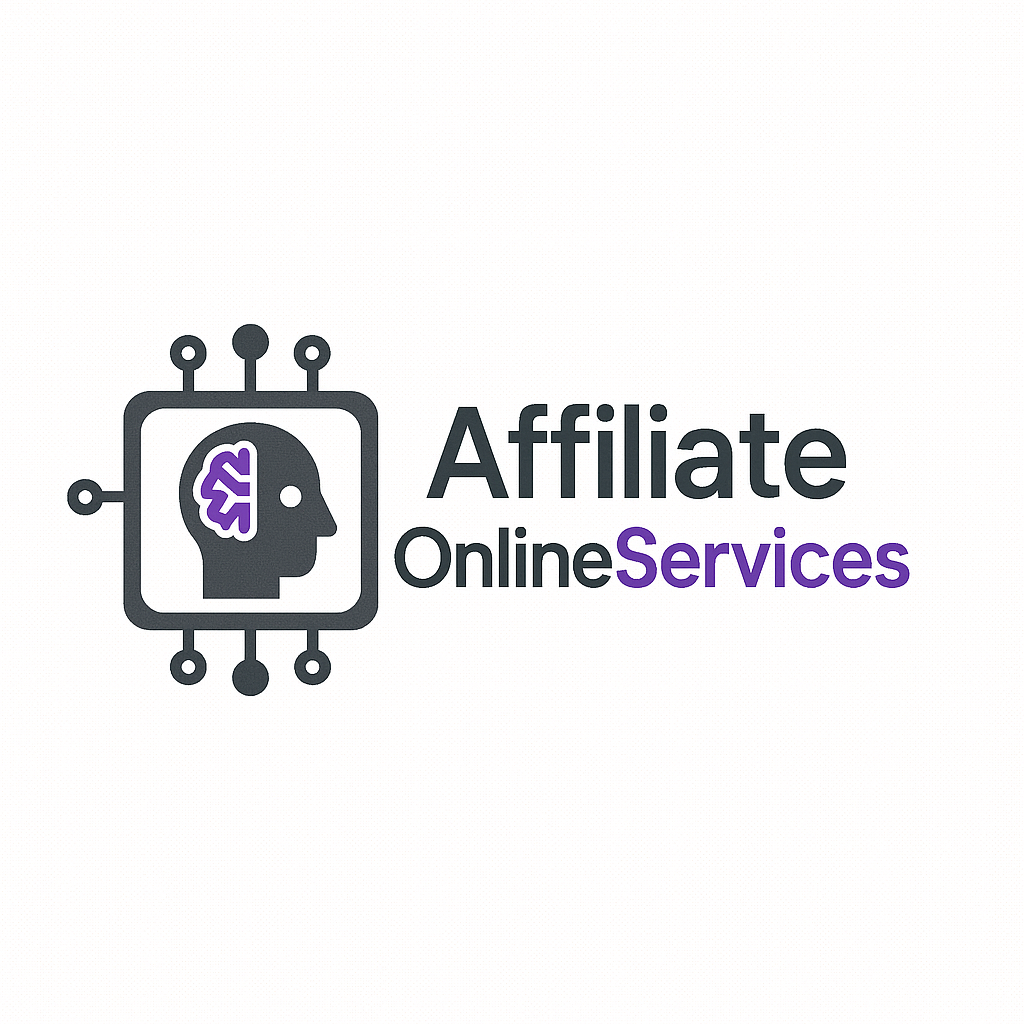 Logo for Affiliate Online Services featuring a human head with a brain outline inside, connected to a circuit-like design, with the text "Affiliate Online Services".