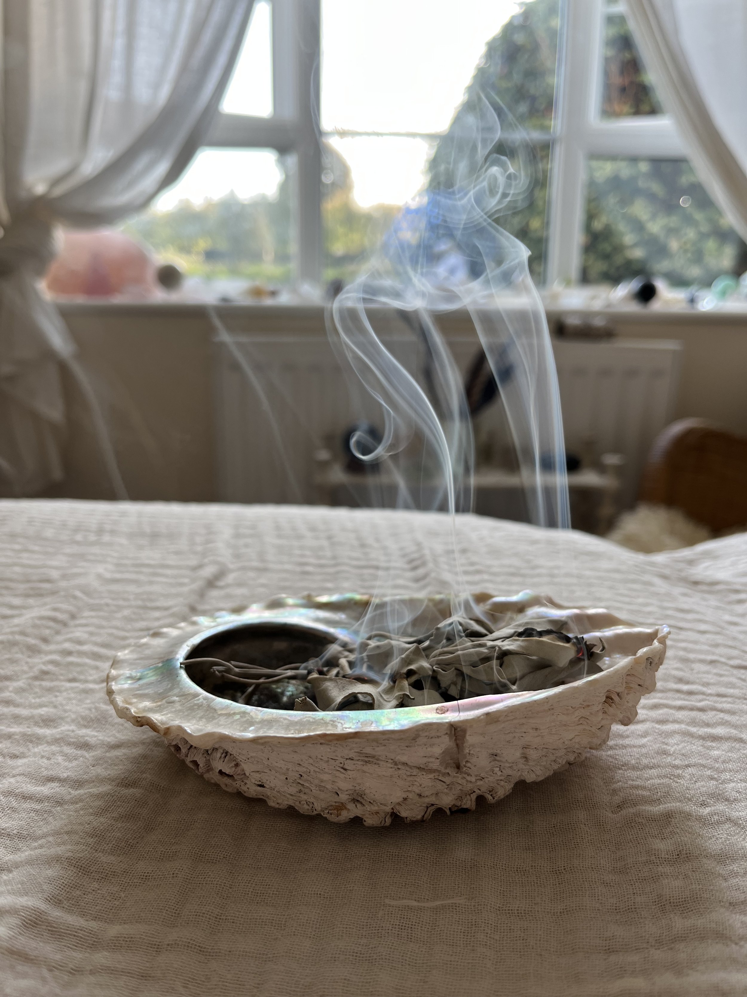 A ceramic incense holder shaped like a shell, with lit incense sticks and smoke curling up, placed on a beige fabric surface, with a window and outdoors in the background.