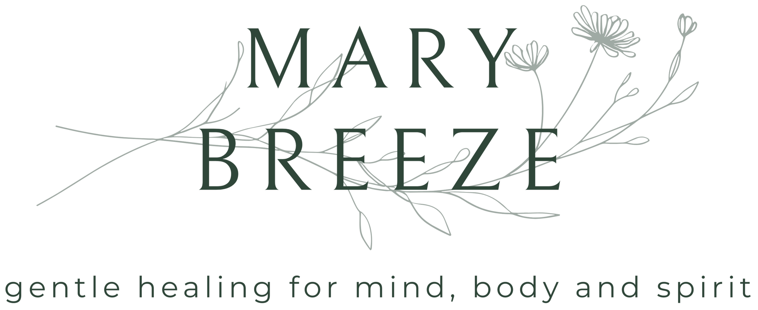 Logo for Mary Breeze featuring green text with a floral design, and the tagline "gentle healing for mind, body and spirit."