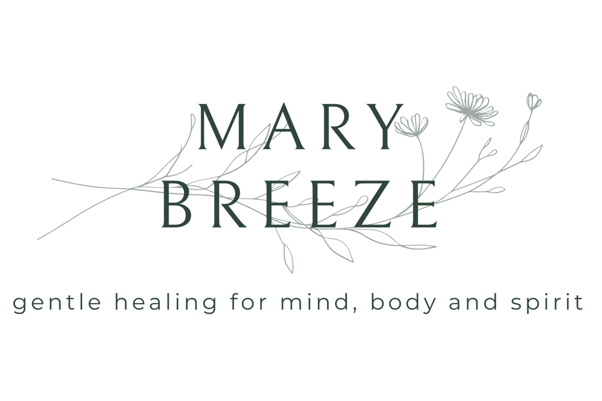 Logo for Mary Breeze, featuring elegant text with floral design and the tagline 'gentle healing for mind, body and spirit' in green.