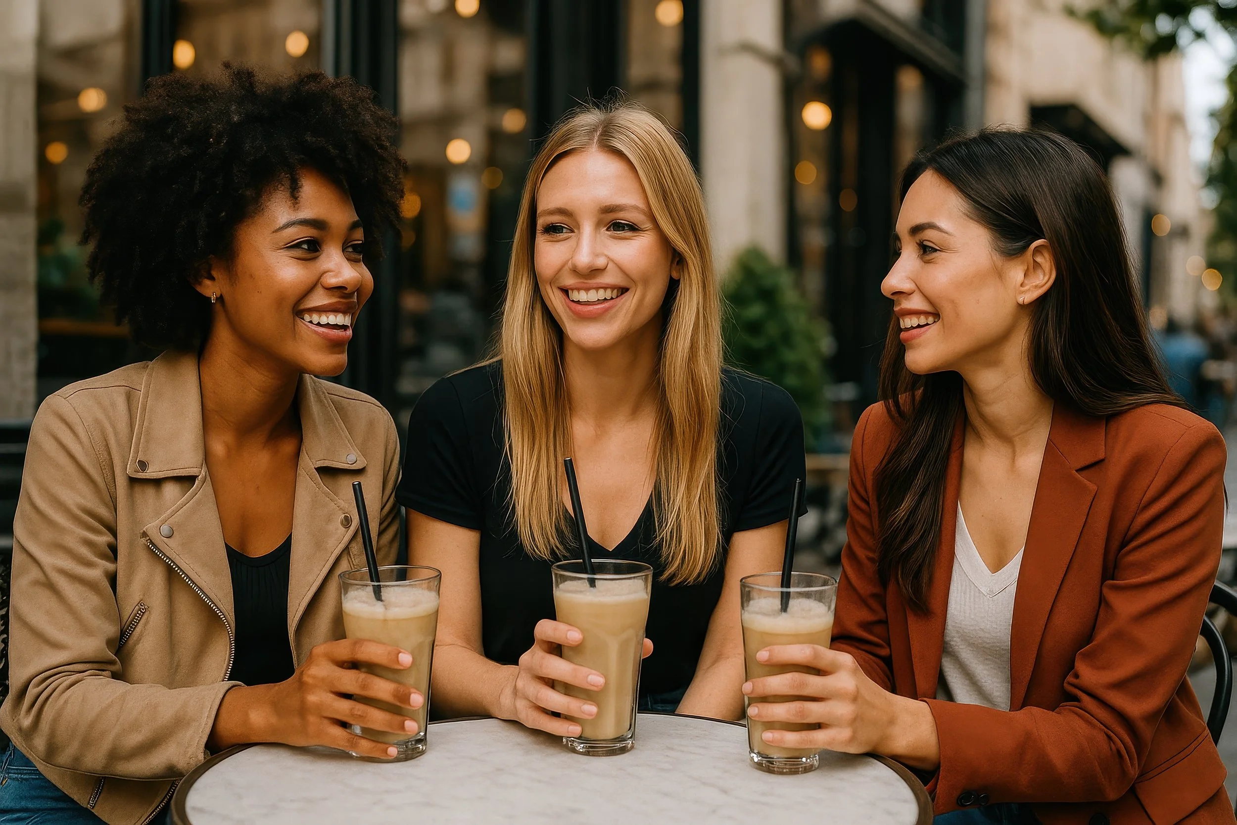 Three smiling women sitting at a table outdoors, each holding a glass of a light-colored beverage with a straw. They are engaged in conversation, with a background of a city street and cafe windows.