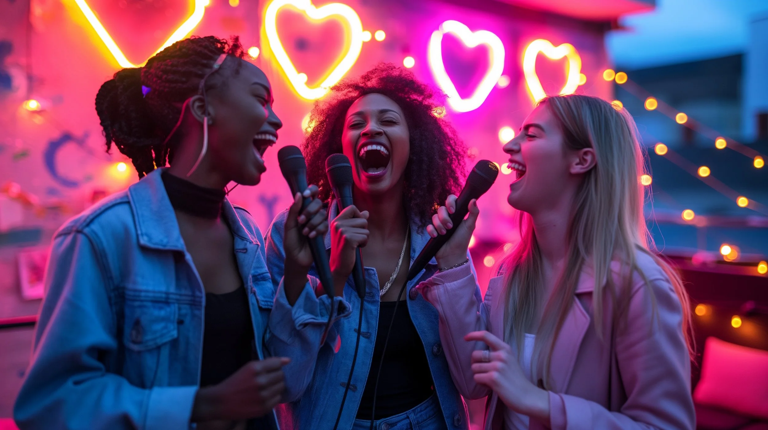 Three excited young women on stage singing and laughing with microphones at a party with pink and neon heart-shaped lights in the background.