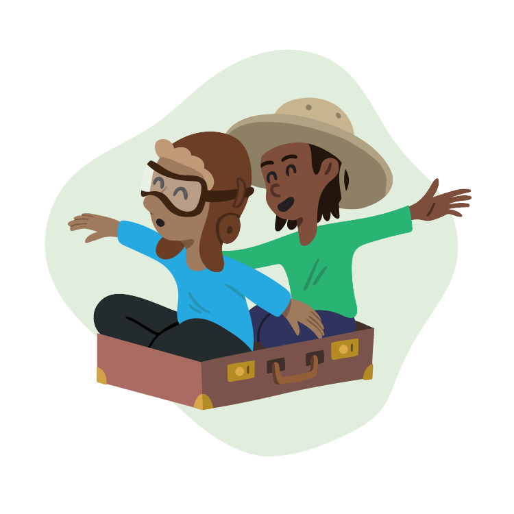  Custom Illustration: Two people siting in a suitcase, with arms spread open, as if to indicate flying 