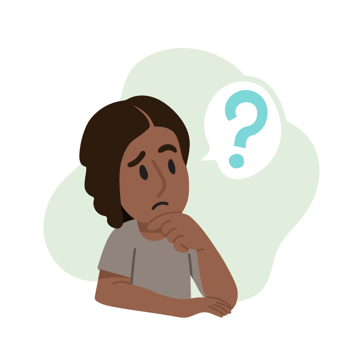  Custom Illustration: person with anguished looking face, with question mark in thought bubble 