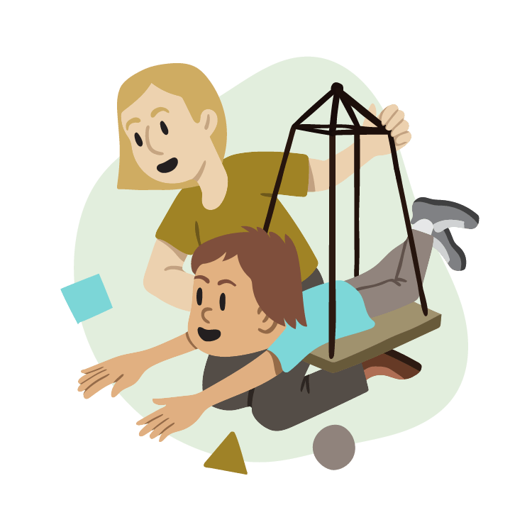  Custom Illustration: two people playing on swing-like structure with different shapes surrounding them 