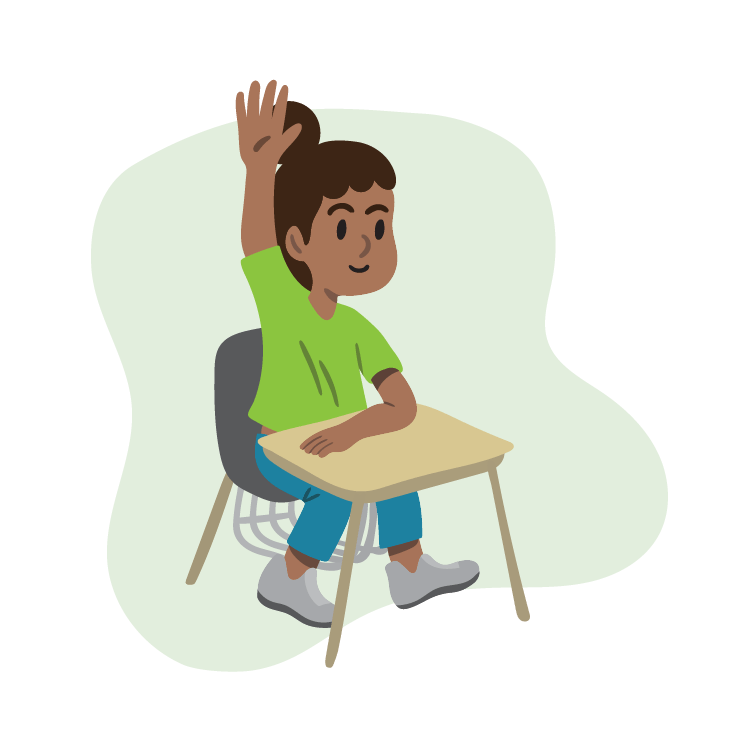  Custom Illustration: Child raising their hand while sitting at a school desk 