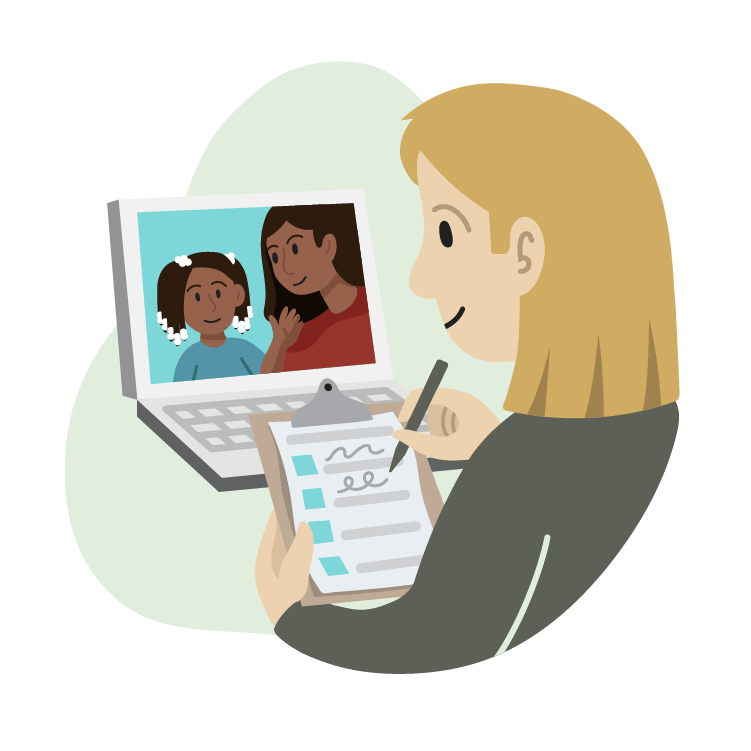  Custom Illustration: person sitting in front of a virtual call on computer with mother and child, taking notes 