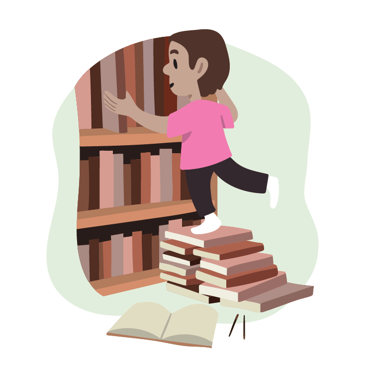  Custom Illustration: child climbing a stack of books to remove more books from shelf 