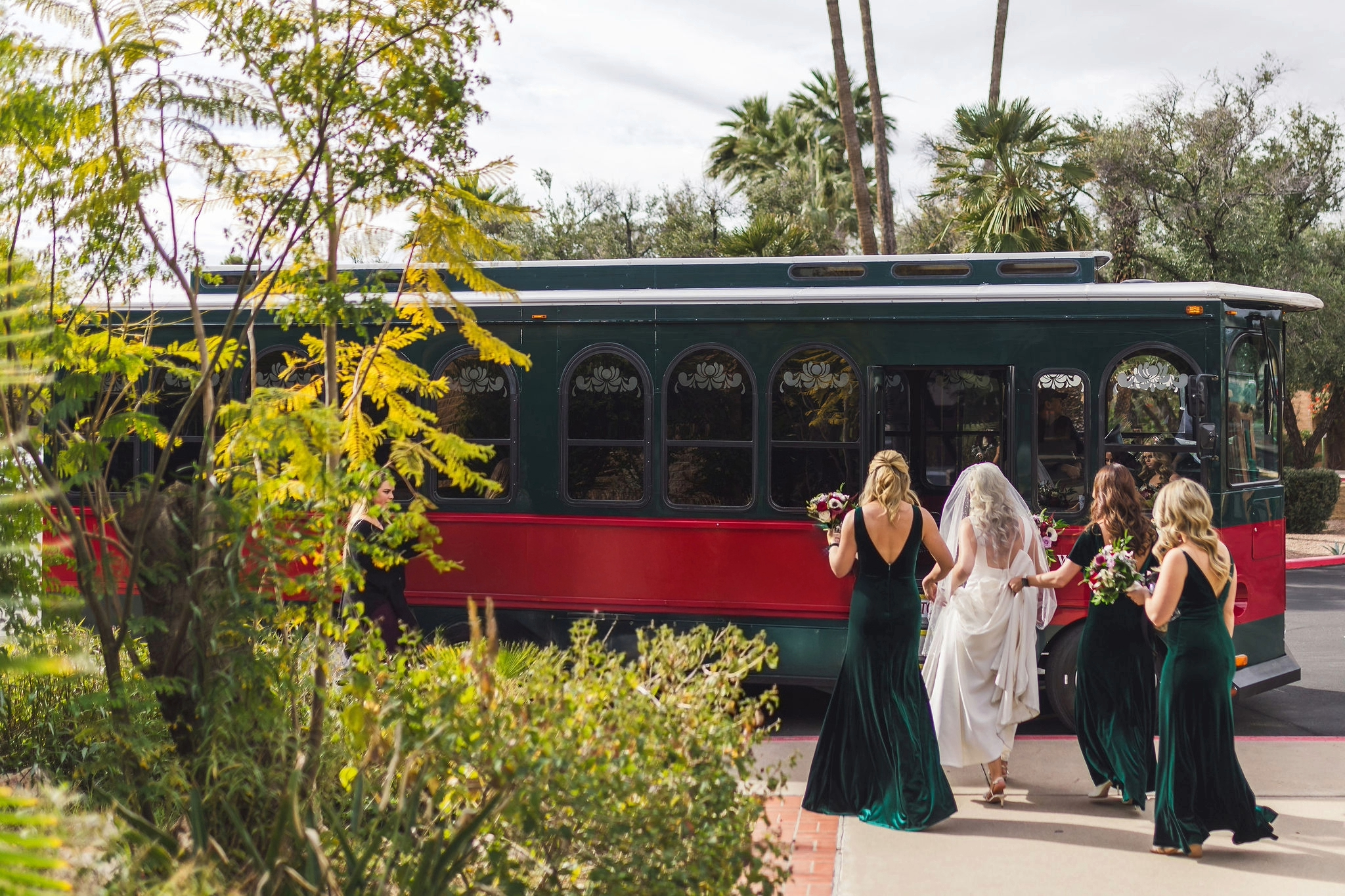 Red and black vintage trolley bus labeled Tamollie parked beside palm trees on a city sidewalk during daytime.
