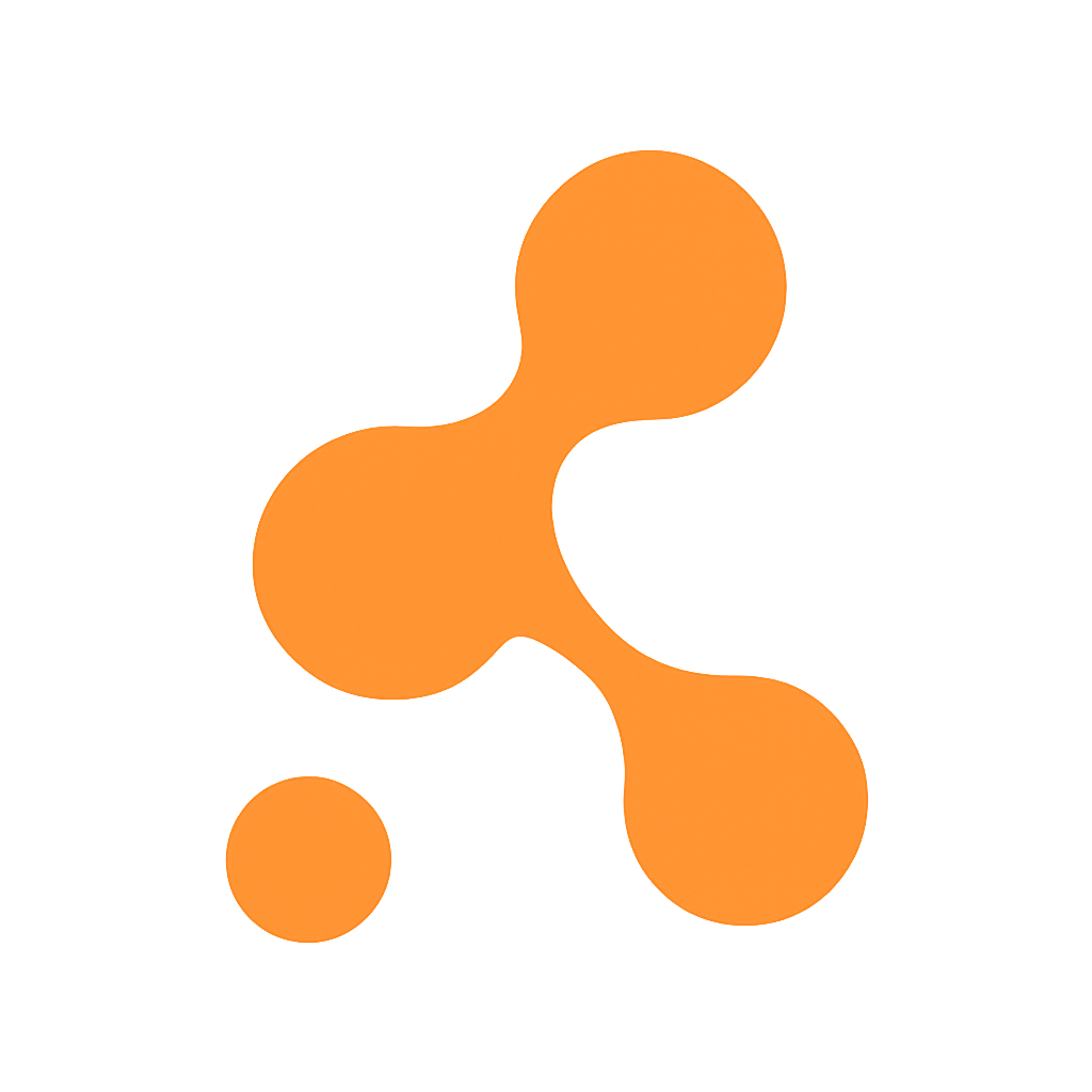 An orange abstract graphic resembling connected circles or molecules on a black background.
