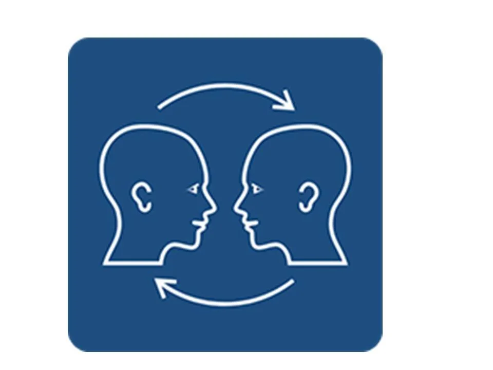 Two human profiles facing each other with arrows indicating interaction or exchange between them.