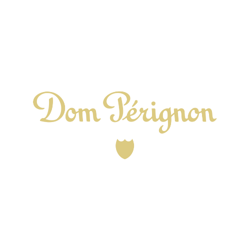 Dom Pérignon logo with cursive text and a shield emblem beneath it.