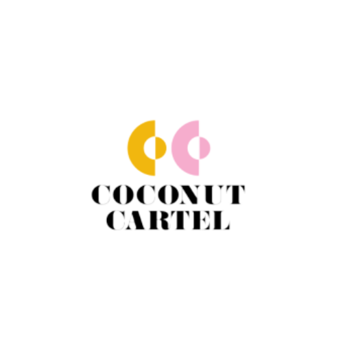 Logo for Coconut Cartel featuring stylized yellow and pink coconuts and the text 'Coconut Cartel' in black and white.