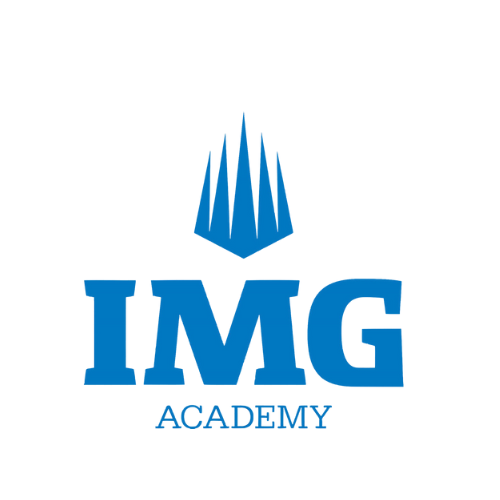 Logo for IMG Academy with a stylized blue flame above the text 'IMG' in bold blue letters, and 'Academy' in smaller blue letters underneath.