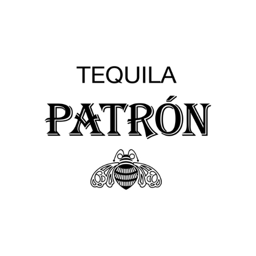 Patrón Tequila logo with a stylized bee illustration.
