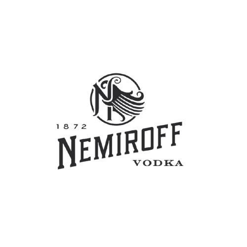 Nemiroff vodka logo with a circular emblem and stylized text in black and white.