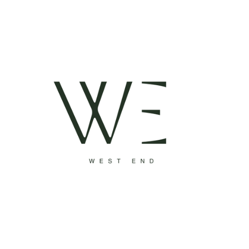 Logo for West End with stylized letters W, E, and E on a white background