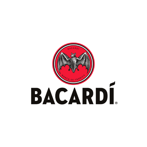 Bacardi logo with a red circle featuring a bat, and the text "Bacardi" below.
