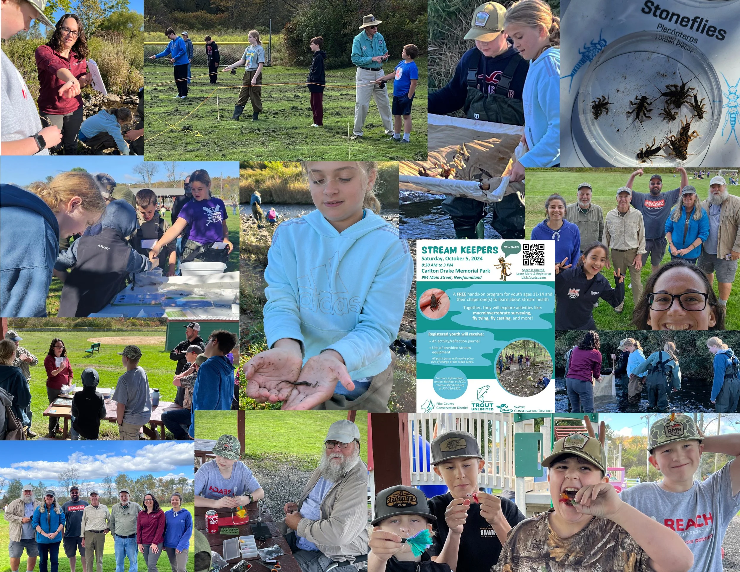 Group of children and adults participating in outdoor educational activities at a park, including insect observation, water exploration, and learning about stream ecology, with a flyer for a stream keepers event and various group photos of kids and leaders.