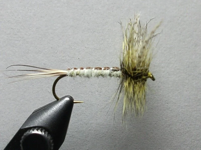 Close-up of a fishing fly lure with a hook, foam body, and feathered tail set against a neutral background.