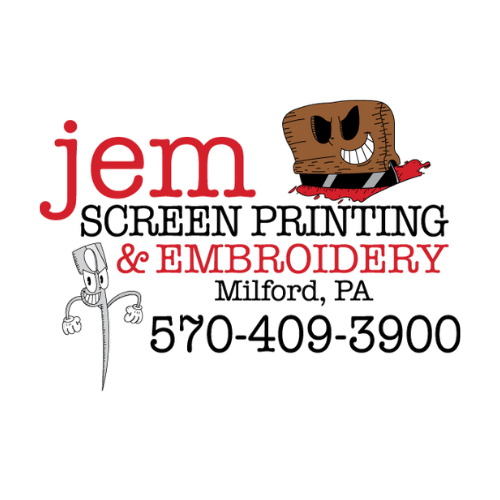 Logo for Jem Screen Printing & Embroidery featuring a smiling cartoon character with a brown blocky head, and text indicating location in Milford, PA, with a phone number.