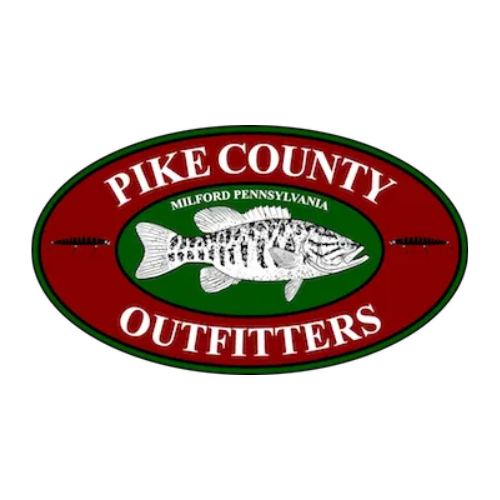 Logo for Pike County Outfitters with a fish in the center, surrounded by green and red oval borders, indicating location in Milford, Pennsylvania.