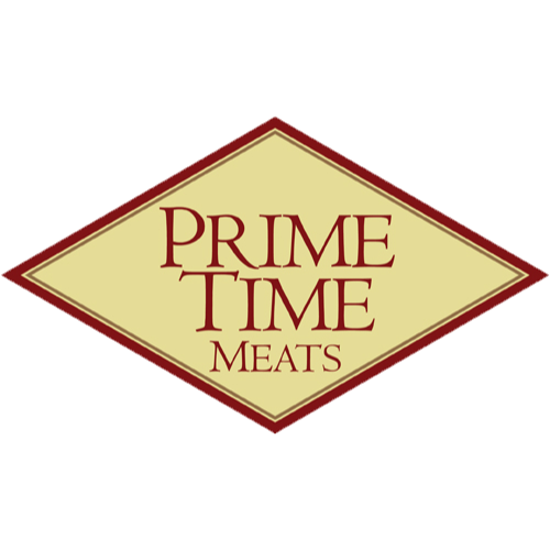 Logo of Prime Time Meats with beige diamond shape, red border, and red text.