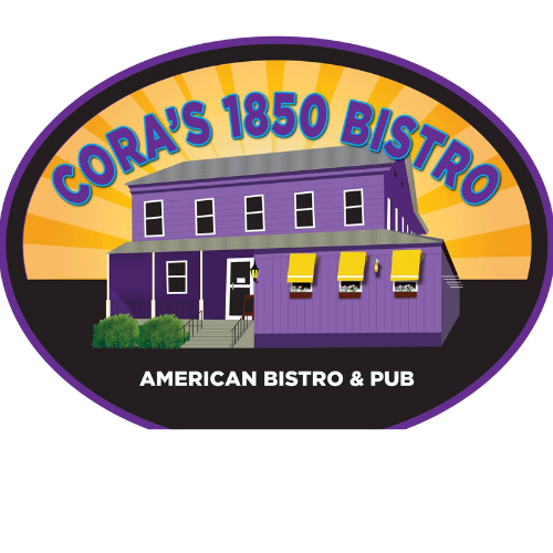 Logo for Cora's 1850 Bistro, an American bistro and pub, featuring a purple building with awnings, surrounded by greenery and a radiant sunburst background.