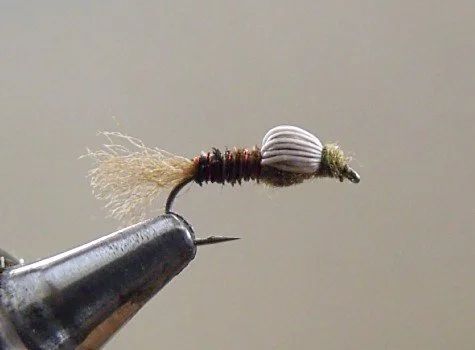 Close-up of a fishing fly tied to a hook.