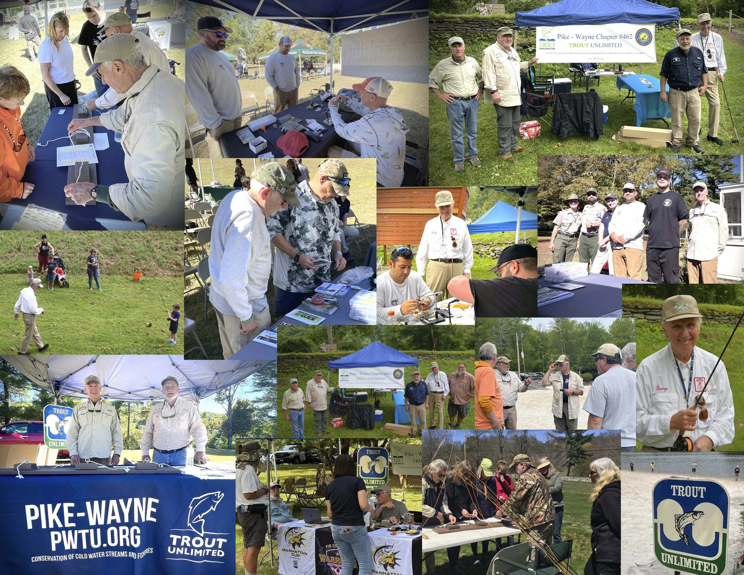 Various outdoor scenes of people participating in a fishing event organized by Pike-Wayne Chapter 462 of Trout Unlimited, including registration, group photos, fishing activities, and informational booths.