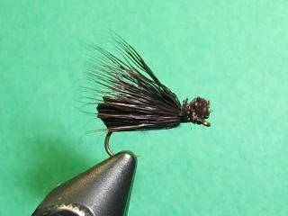 Close-up of a black fishing fly lure with a curved hook, set against a green background.