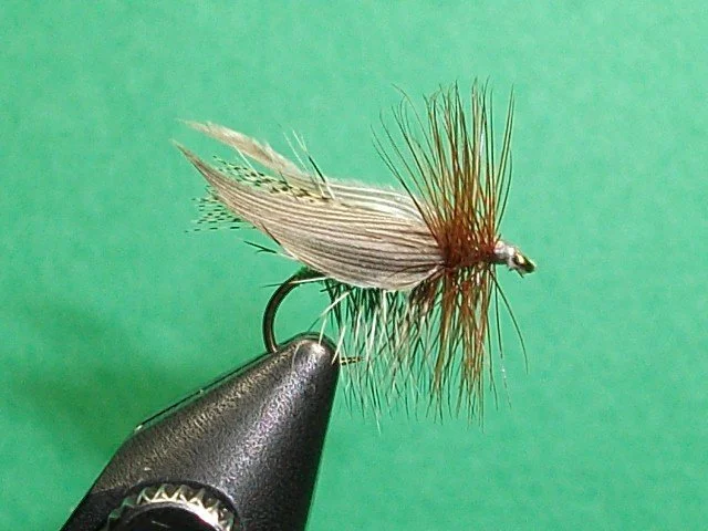 Close-up of a fishing fly with a hook, brown and gray feathers, and red and brown fibers, held against a green background.