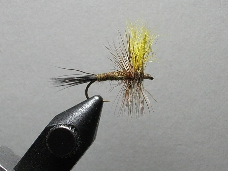 Close-up of a fishing fly with yellow feathers and brown synthetic fibers, held in a vise against a plain background.