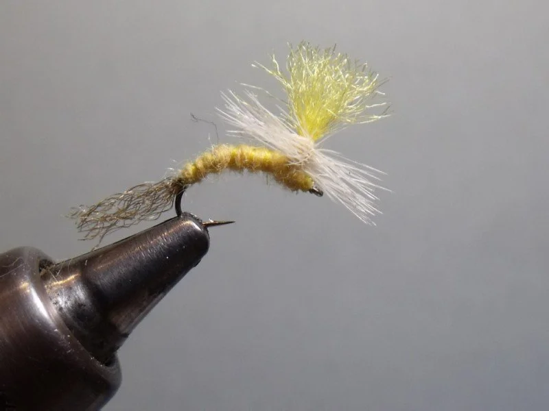 Close-up view of a yellow and white fishing fly tied on a metal hook, mounted on a black vise, used for fly fishing.