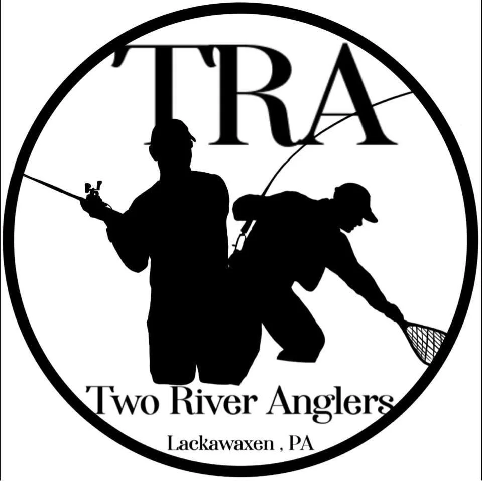 Silhouette of two people fishing and holding fishing nets, with the text "TRA" and "Two River Anglers" and location "Lackawaxen, PA"