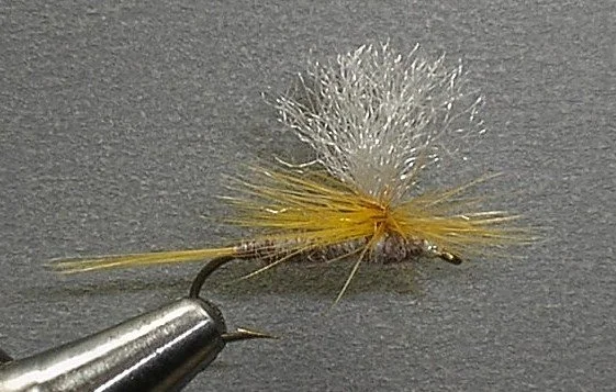 Close-up of a fishing fly with a yellow body and white fuzzy top, attached to a fishing hook.