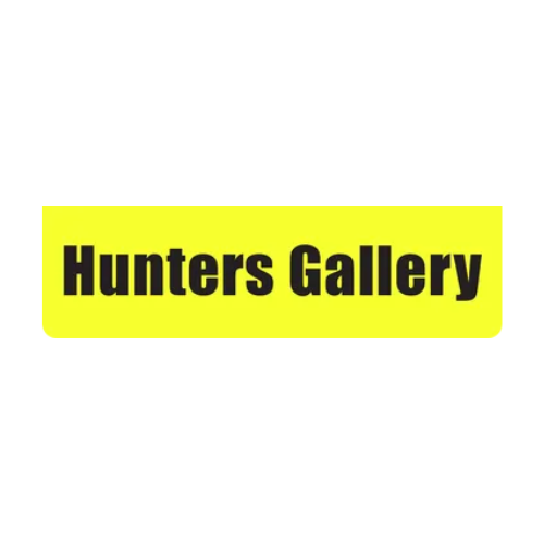 Logo for Hunters Gallery with black text on a yellow background.
