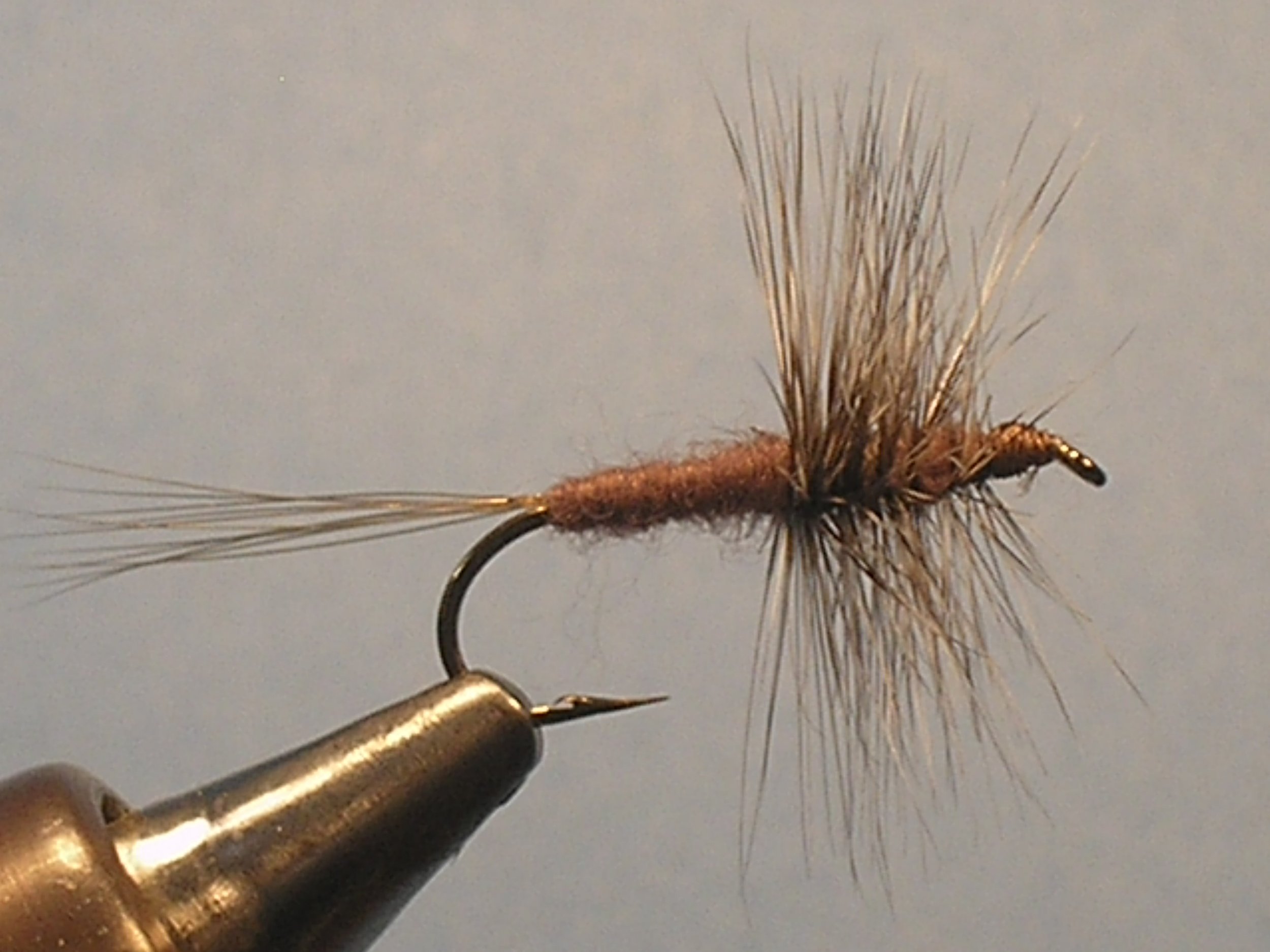 Close-up of a fishing fly with brown and grey feathers, attached to a metal hook, held by a metallic fly tying tool.