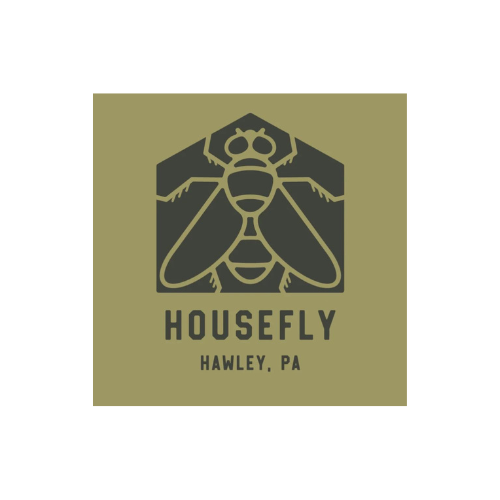 Logo of a housefly with the text 'HOUSEFLY HAWLEY, PA' below it on a green background.