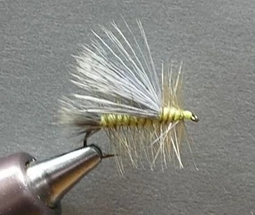 Close-up of a yellow and white fishing fly with feathers, mounted on a metal hook, against a gray background.