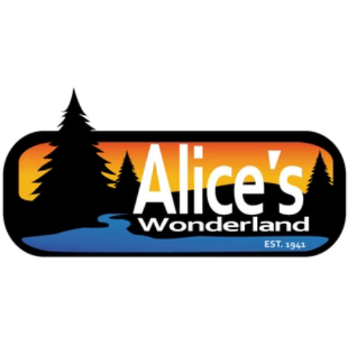 Logo for Alice's Wonderland featuring a sunset, evergreen trees, a river, and a blue banner with EST. 1941.