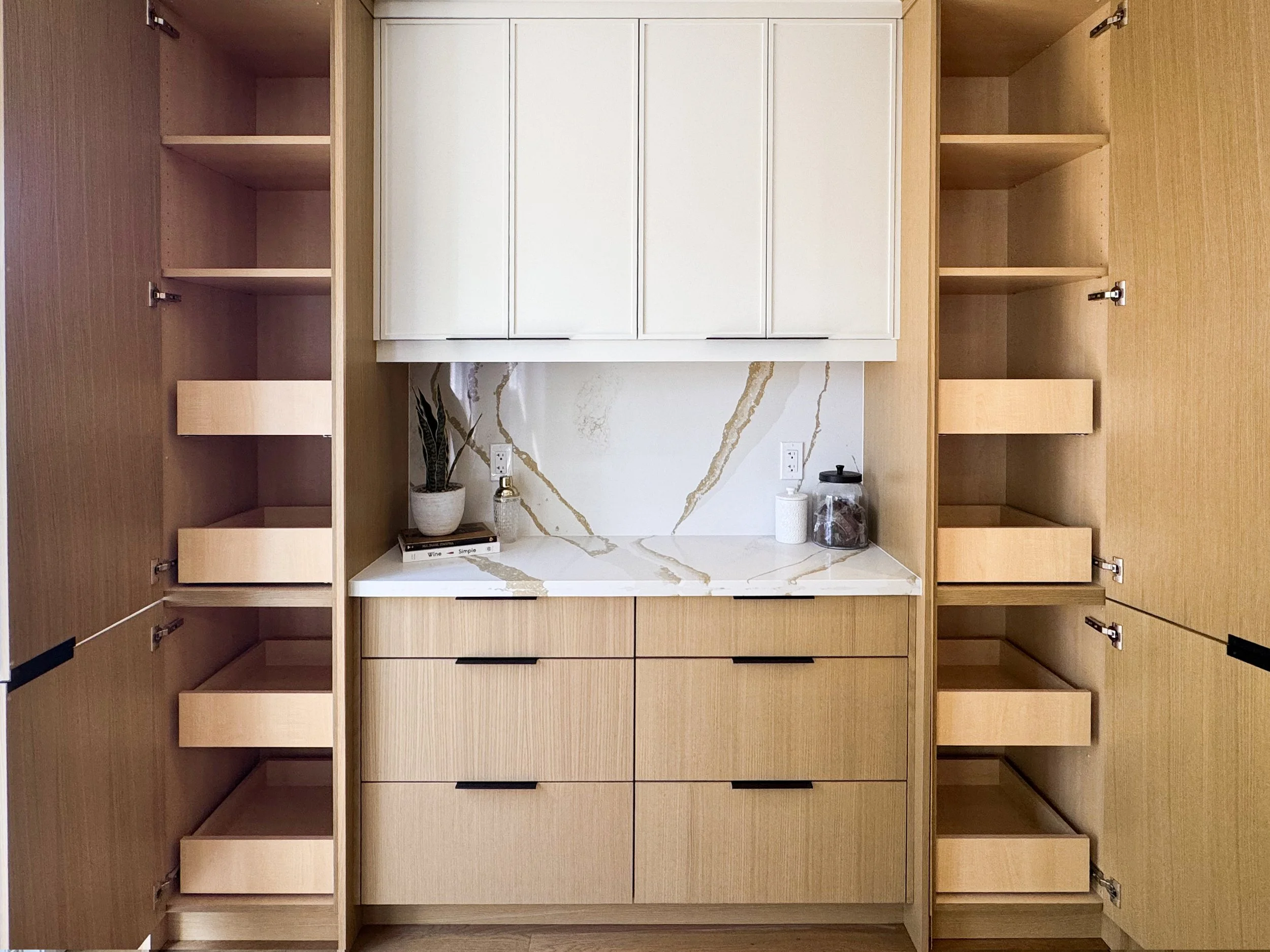 Pantry Storage with Custom Interior Roll Out Shelves.