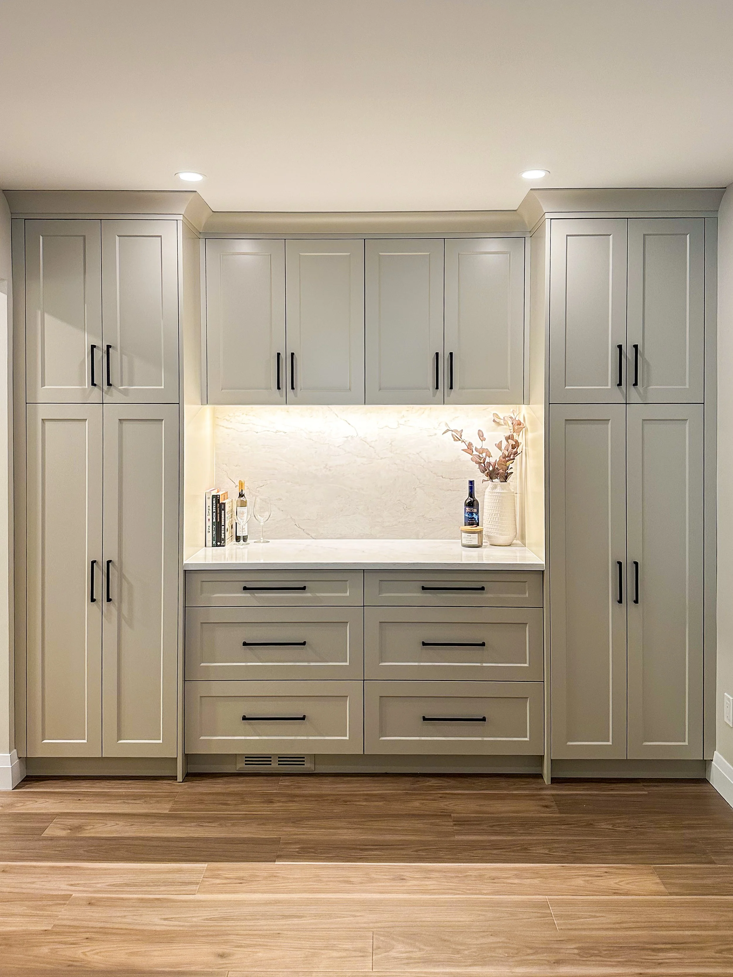 Custom Dining Room Serving Station and Dry Bar With Floor-to-Ceiling Pantry Storage